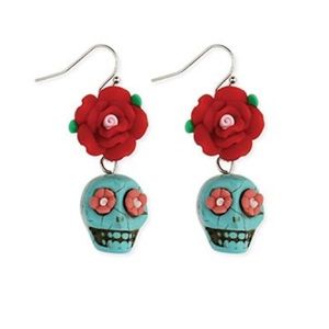 ZAD Floral Skull Drop Earrings NWT Red & Teal